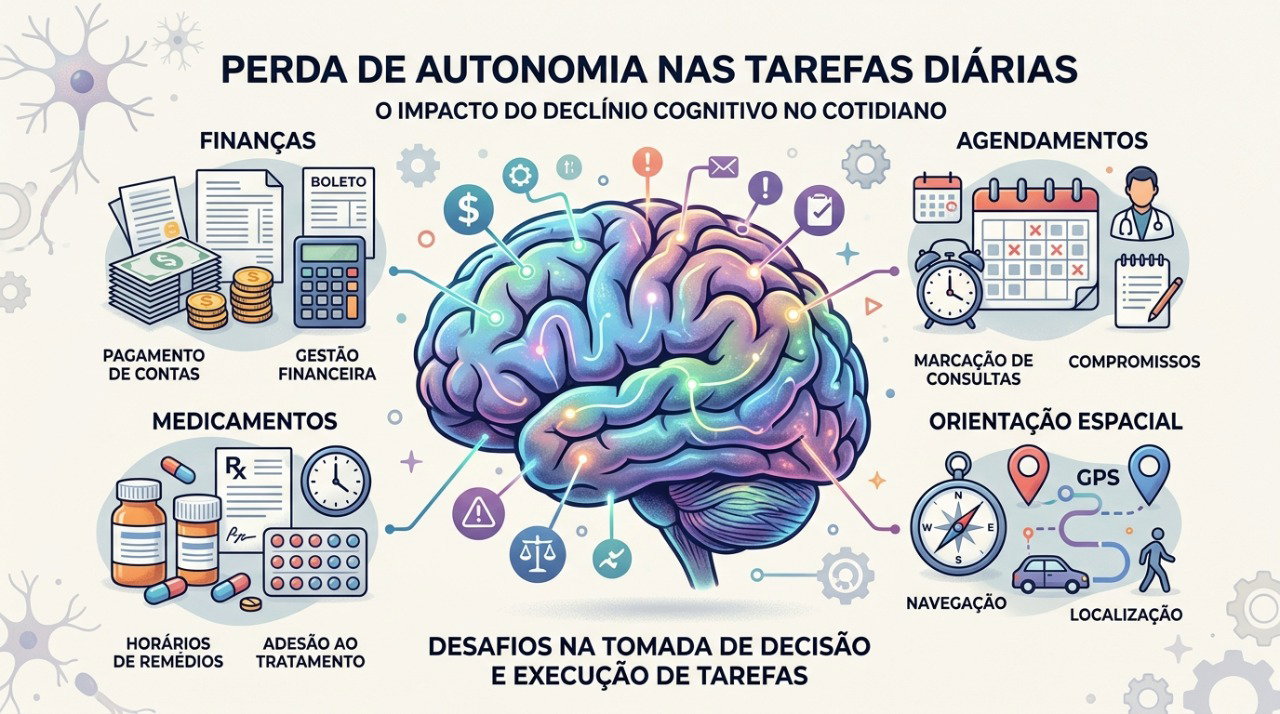 Alterações de memória podem afetar tarefas complexas como finanças, compromissos e orientação.