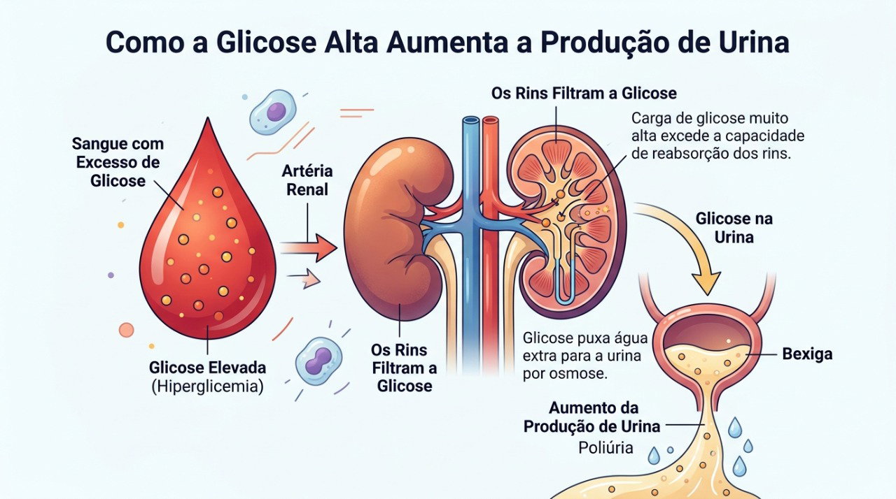 Glicose elevada pode aumentar a perda de água pela urina e provocar mais sede.
