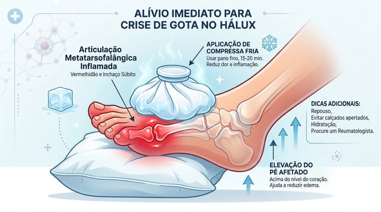 Gelo, elevação e redução da carga podem ajudar a aliviar o desconforto durante a crise de gota.