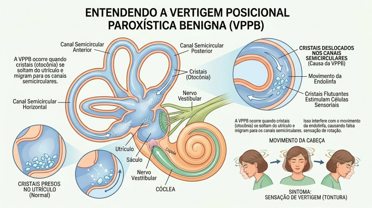 Cristais deslocados no ouvido interno podem provocar vertigem ao mudar a posição da cabeça.