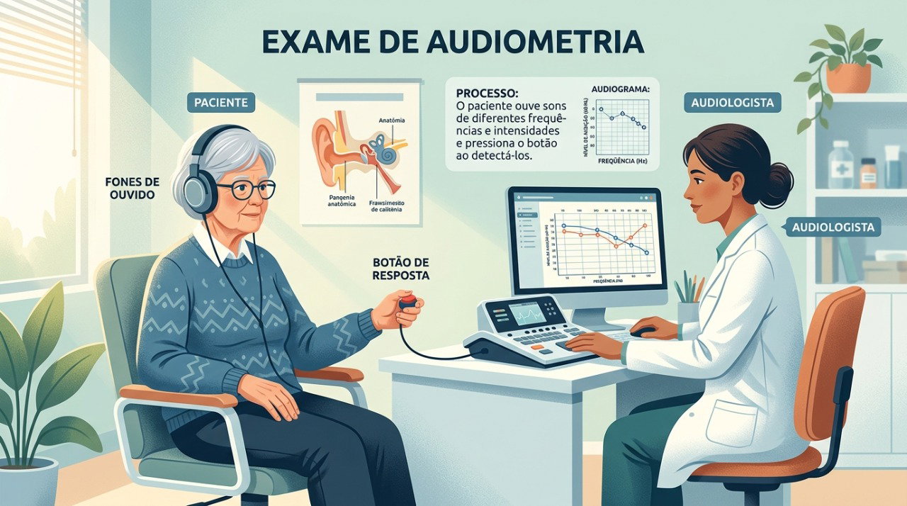 A audiometria avalia a capacidade de ouvir diferentes sons e ajuda a identificar a perda auditiva.