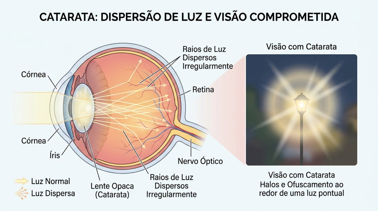 A opacidade do cristalino pode espalhar a luz e causar halos, clarões e ofuscamento.