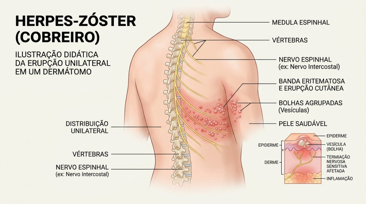 O herpes-zóster pode provocar bolhas agrupadas em uma faixa da pele, acompanhando o trajeto de um nervo.