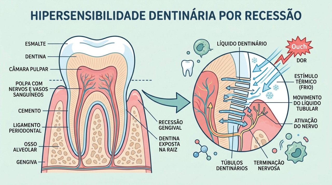 A exposição da dentina pode provocar dor aguda quando o dente entra em contato com água gelada.