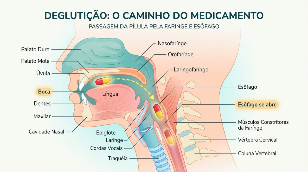 A deglutição conduz o comprimido pela garganta até o esôfago, processo que pode ser afetado pela disfagia.