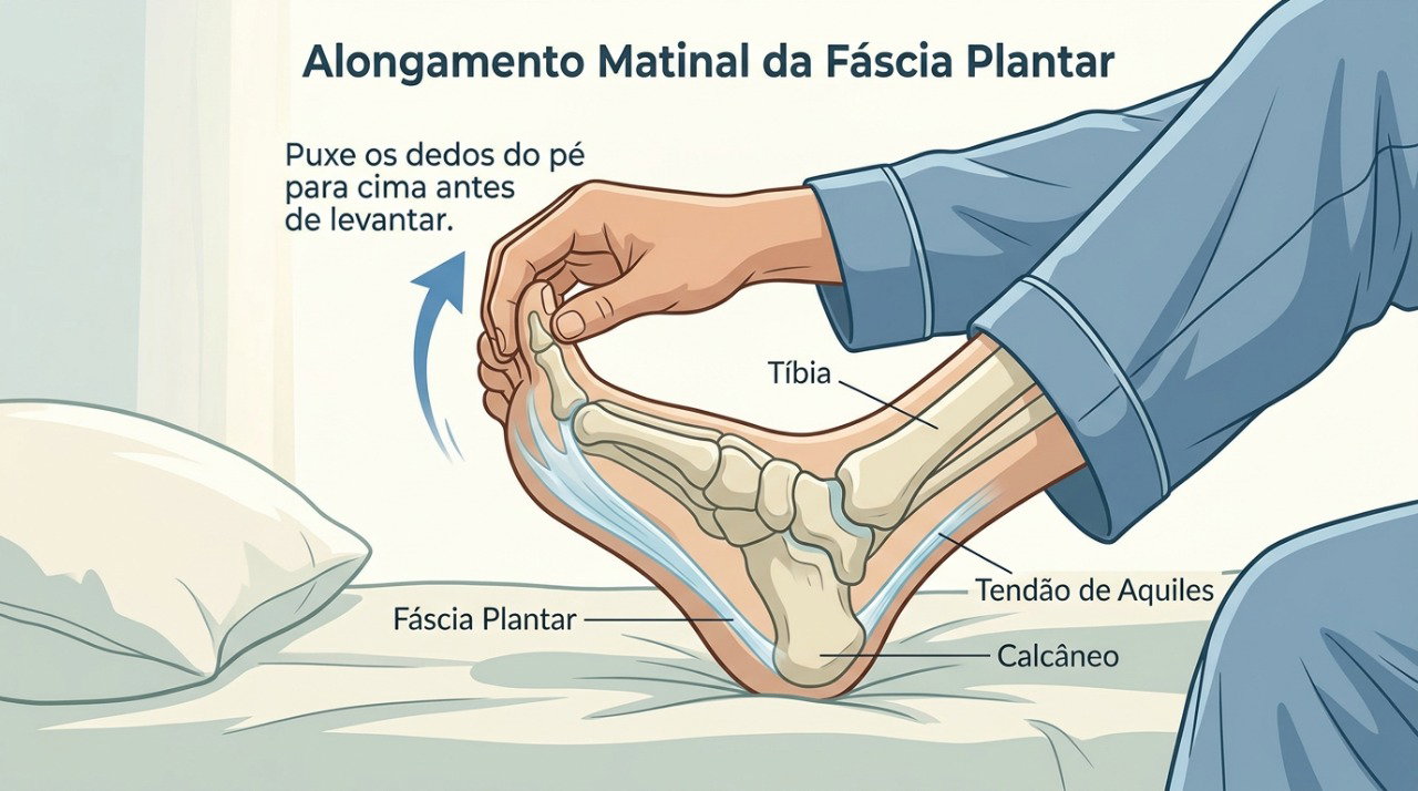O alongamento específico da fáscia plantar pode ajudar a reduzir a dor nos primeiros passos da manhã.