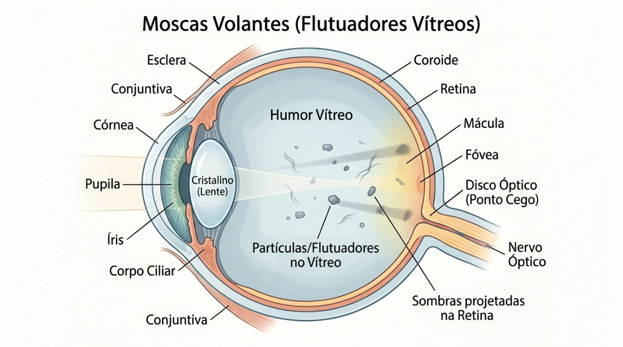 As moscas volantes surgem quando pequenas partículas no vítreo projetam sombras sobre a retina.