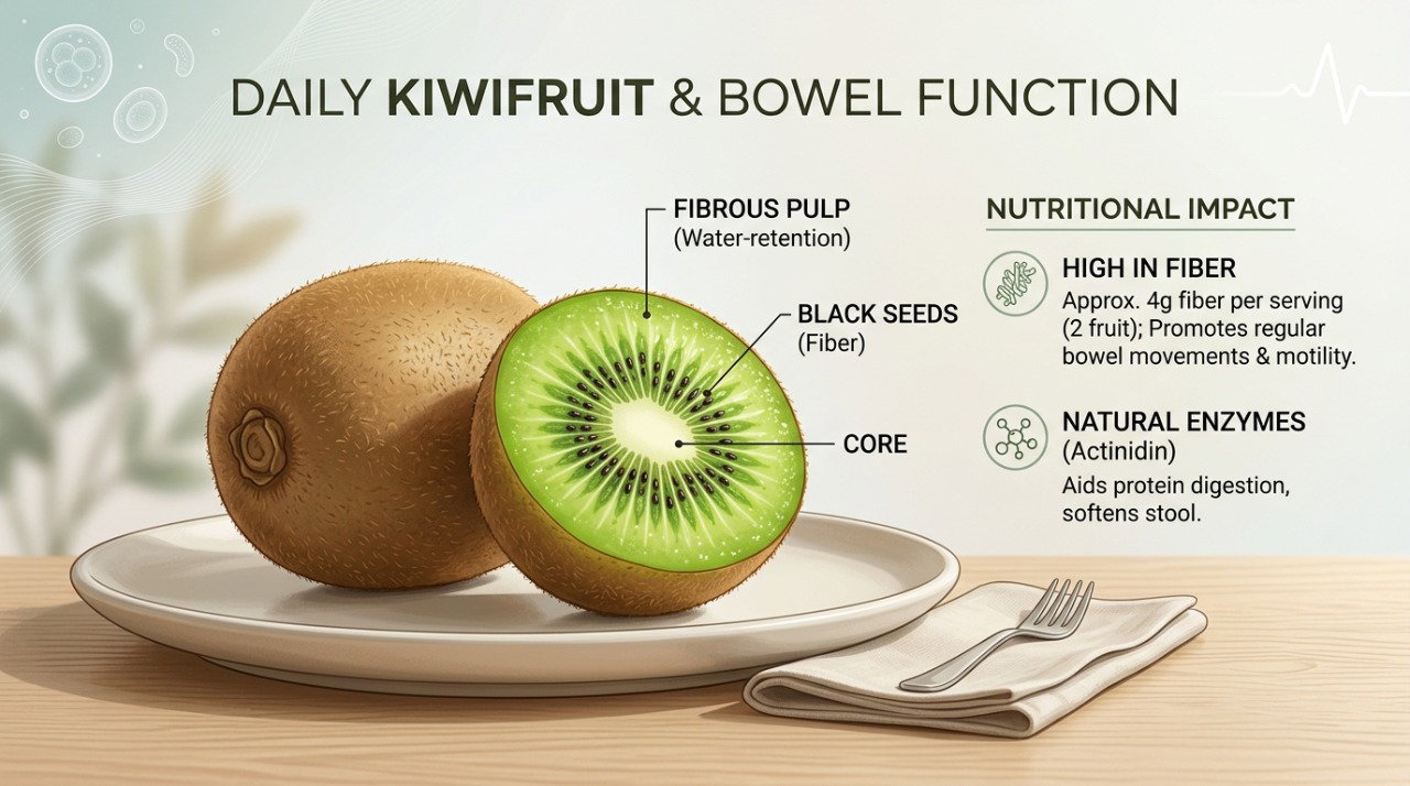 Estudos indicam que consumir dois kiwis verdes por dia pode melhorar a frequência das evacuações.