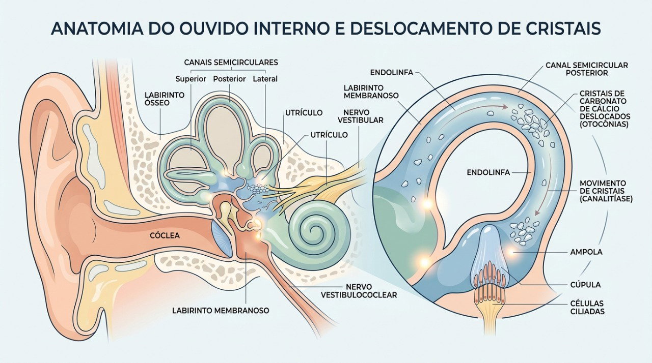 O deslocamento de pequenos cristais no ouvido interno pode provocar crises de vertigem ao movimentar a cabeça.