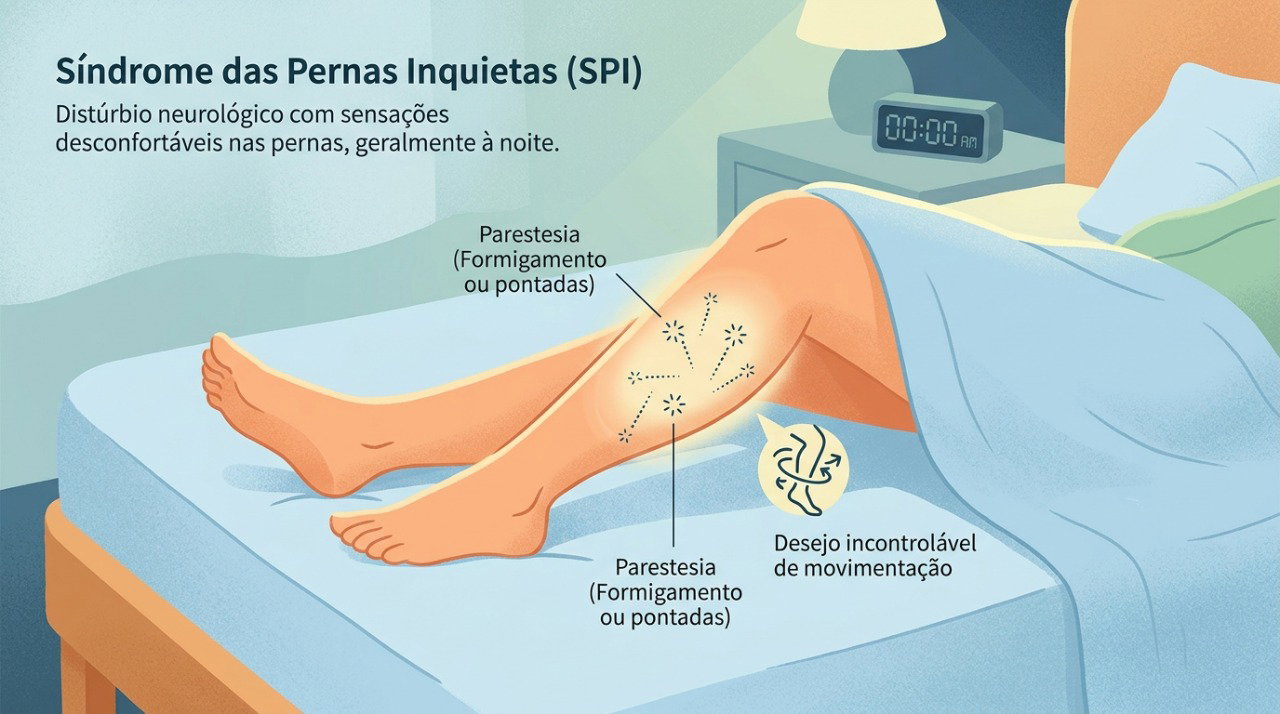 O desconforto nas pernas pode se intensificar durante a noite devido à influência do ritmo circadiano.