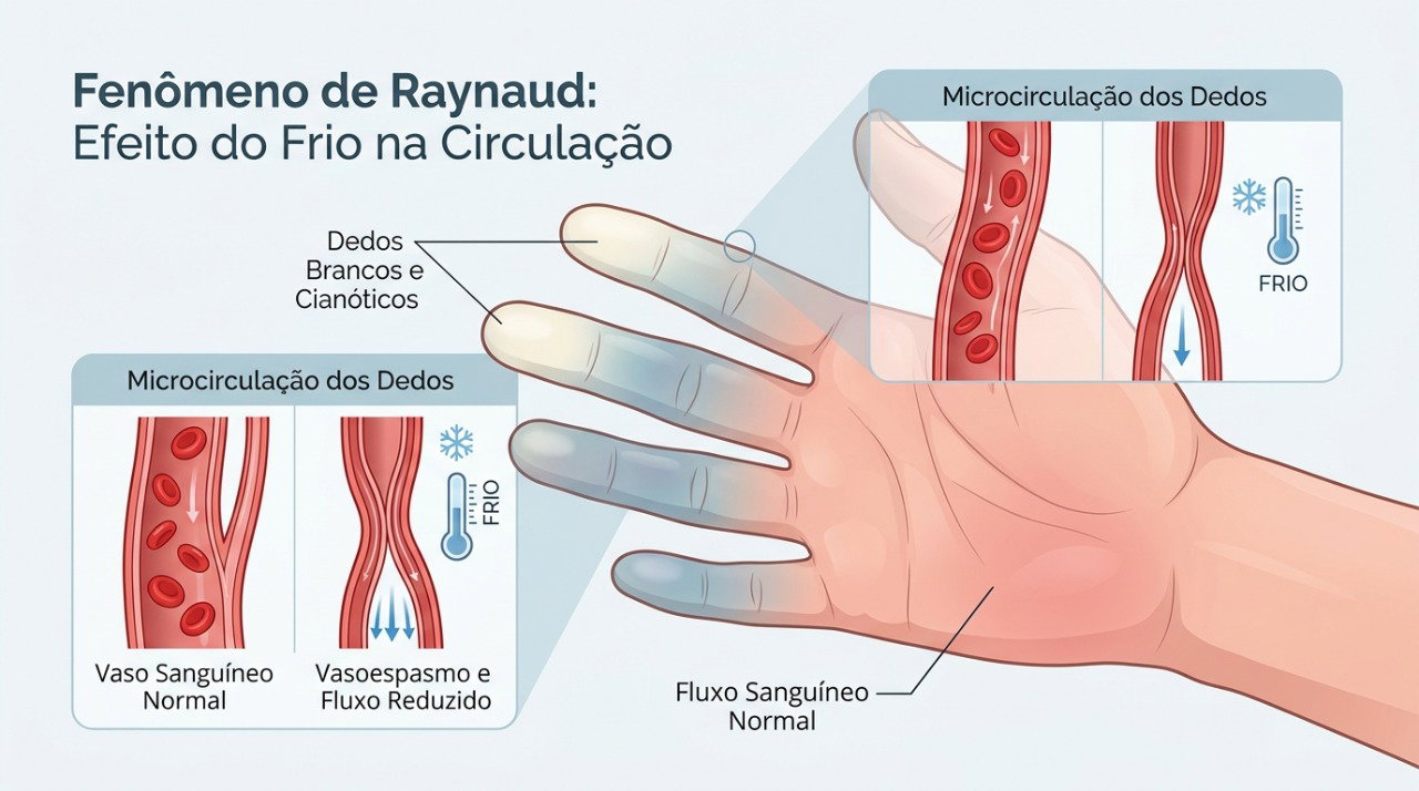No fenômeno de Raynaud, a contração exagerada dos vasos sanguíneos reduz temporariamente a circulação nos dedos.