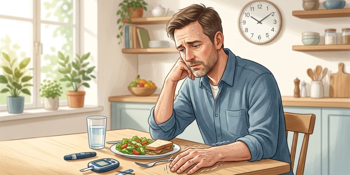 Suor frio e tremores ao atrasar o almoço podem ser sinais de hipoglicemia em pessoas com diabetes.