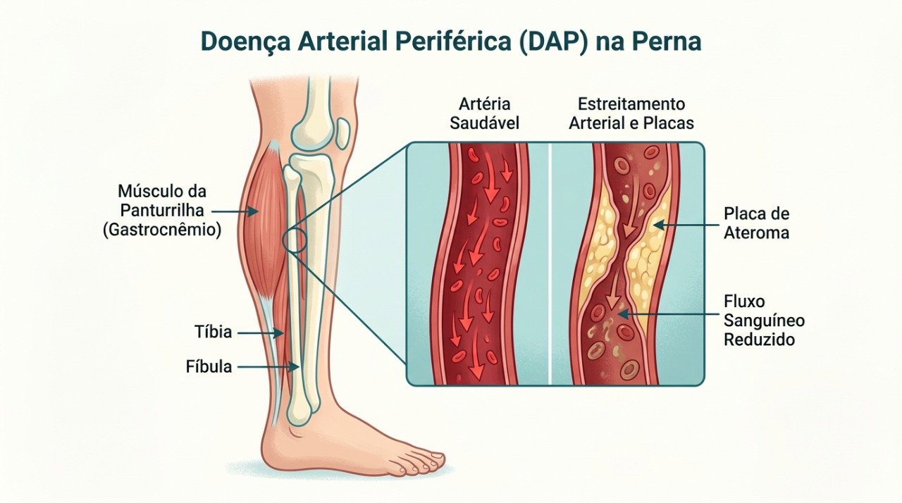 O estreitamento das artérias pode reduzir a chegada de sangue aos músculos da panturrilha e provocar dor durante a caminhada.