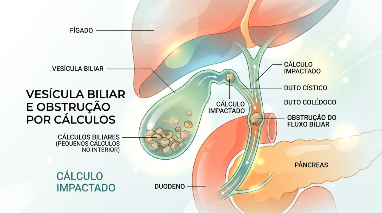 Pedras na vesícula podem obstruir a saída da bile e provocar dor abdominal após refeições gordurosas.