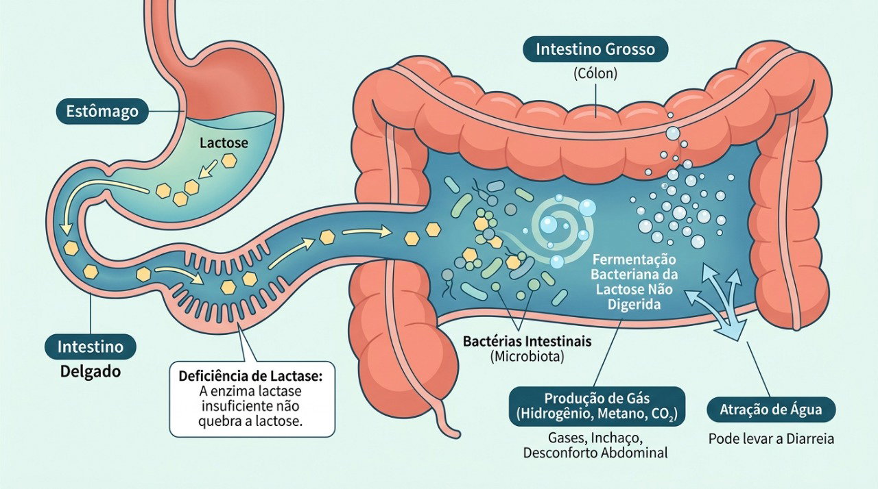 A fermentação da lactose não digerida pelas bactérias intestinais pode provocar gases, cólicas e inchaço abdominal.