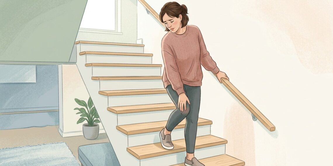 Dor na frente do joelho ao descer escadas pode estar relacionada à síndrome da dor patelofemoral.