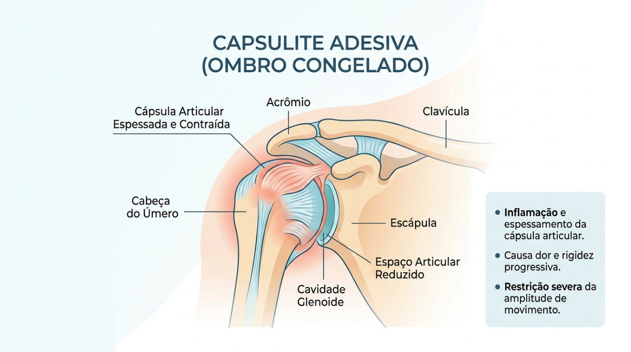 Na capsulite adesiva, o espessamento da cápsula articular provoca rigidez, dor e limitação dos movimentos do ombro.