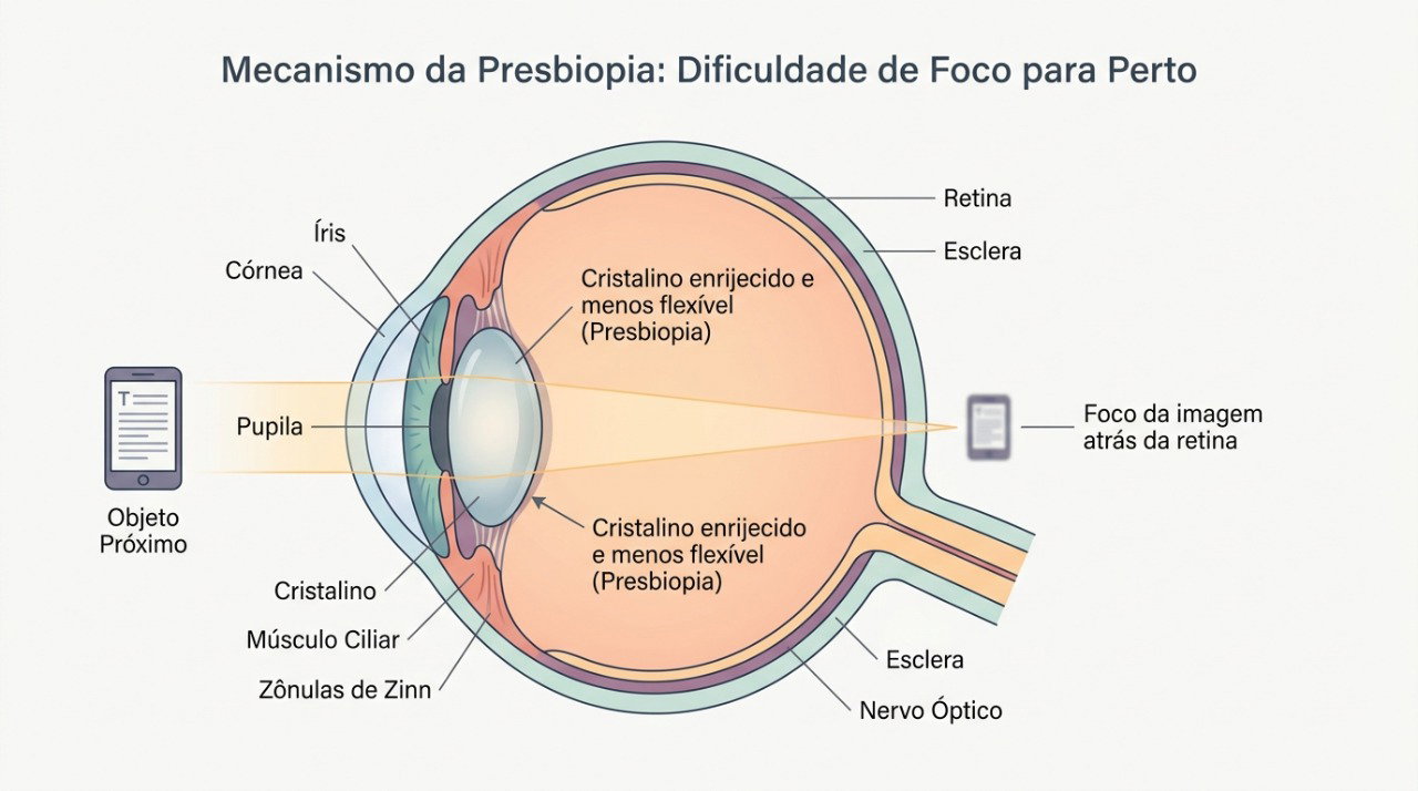 A perda gradual da flexibilidade do cristalino dificulta o foco em objetos próximos e provoca a presbiopia.