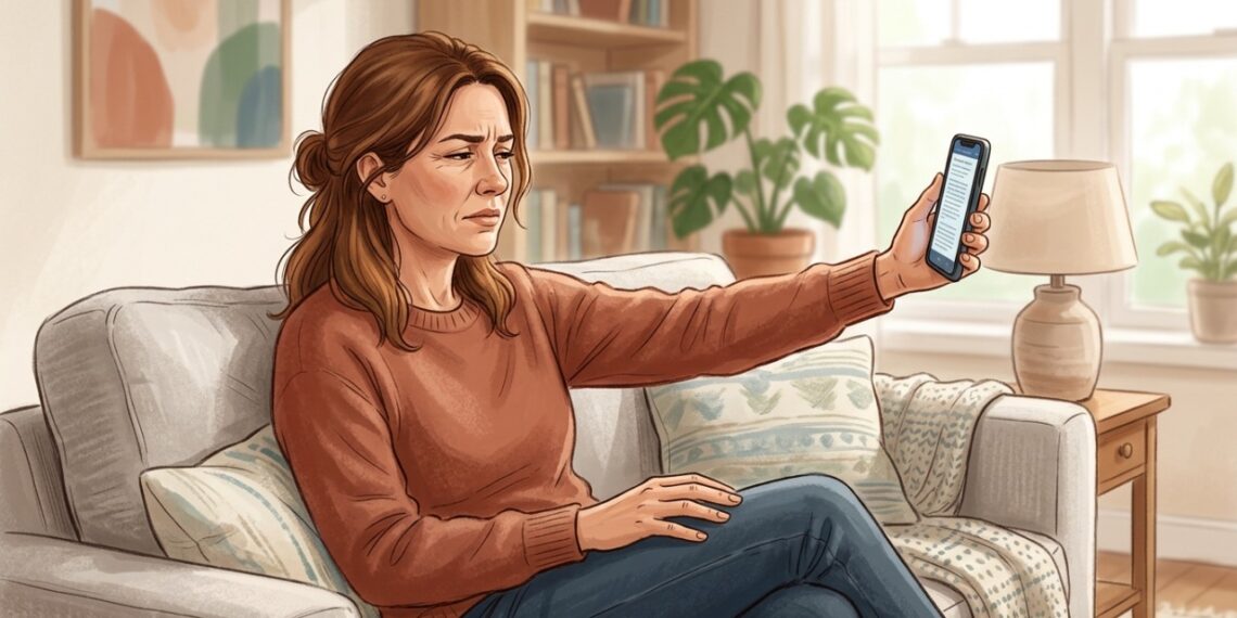 Precisar afastar o celular para enxergar as letras pode ser um dos primeiros sinais de presbiopia após os 40 anos.