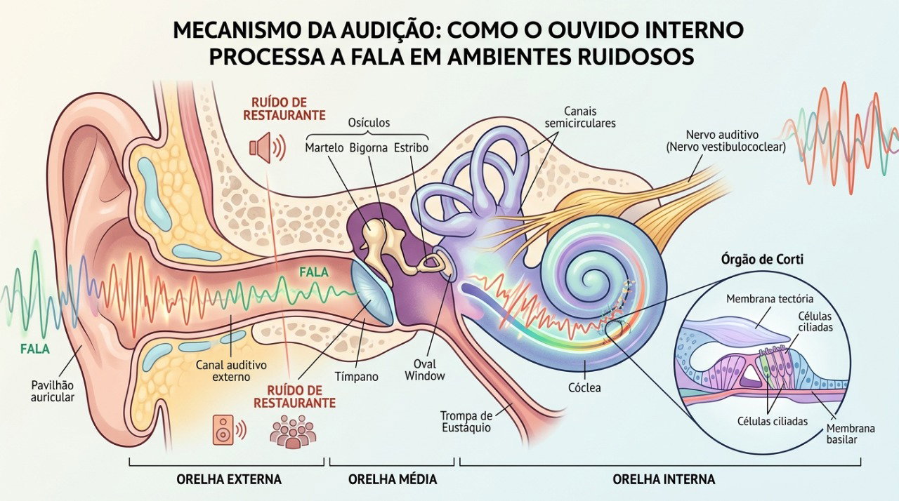 Alterações na audição podem dificultar a compreensão da fala quando existem vários sons no ambiente.