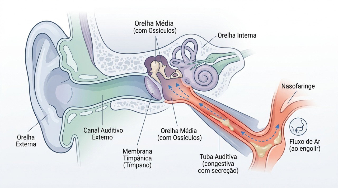 A inflamação da tuba auditiva dificulta o equilíbrio da pressão no ouvido médio e pode provocar estalos ao engolir.