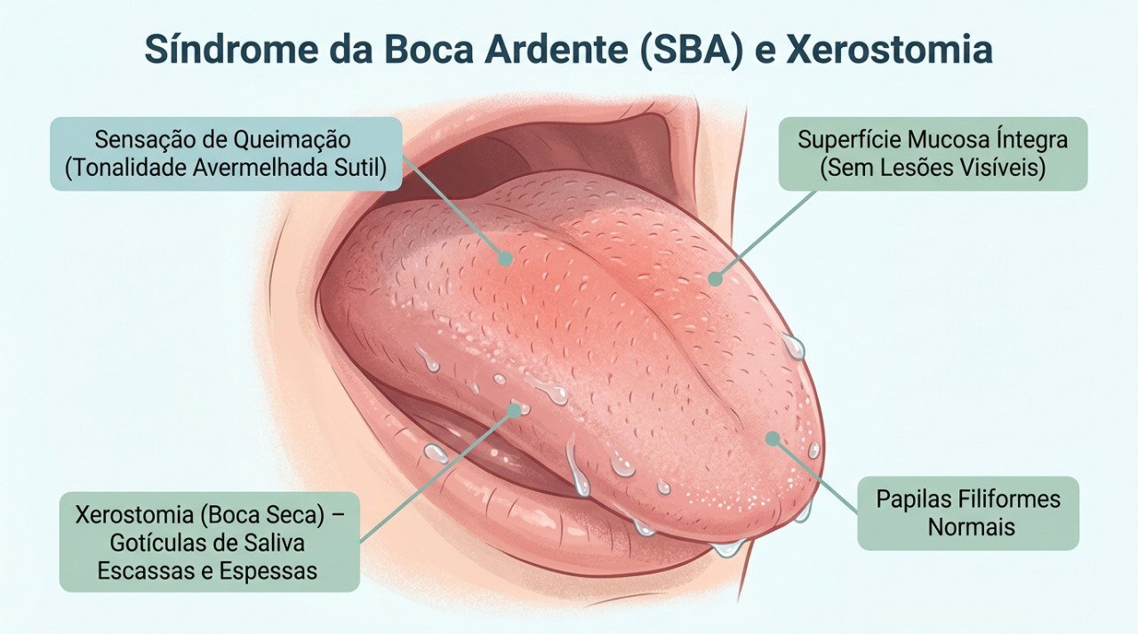 A redução da saliva pode provocar ardência e desconforto na língua, mesmo sem lesões visíveis.