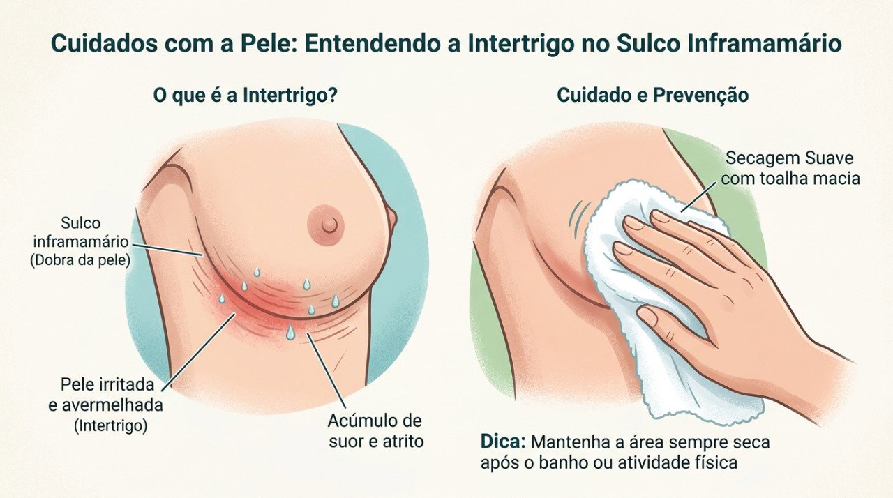 Manter a pele debaixo dos seios limpa e seca ajuda a reduzir a umidade, o atrito e o risco de assaduras.