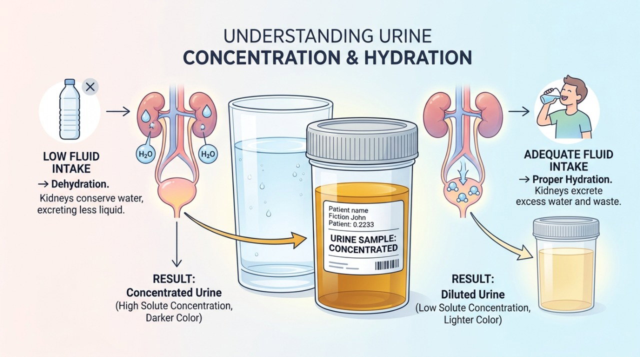 A baixa ingestão de água pode deixar a urina mais concentrada, com coloração amarelo-escura e odor mais intenso.