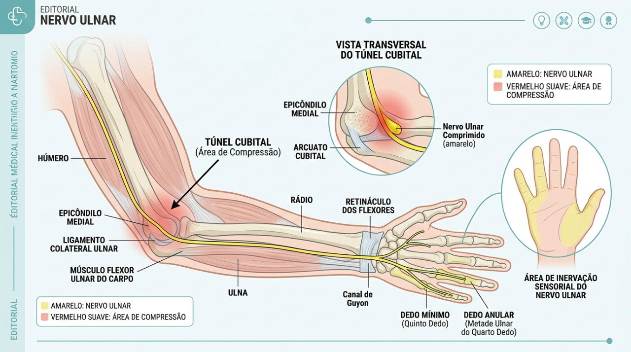 O nervo ulnar passa pela parte interna do cotovelo, onde a pressão pode causar formigamento e dormência nos dois últimos dedos.
