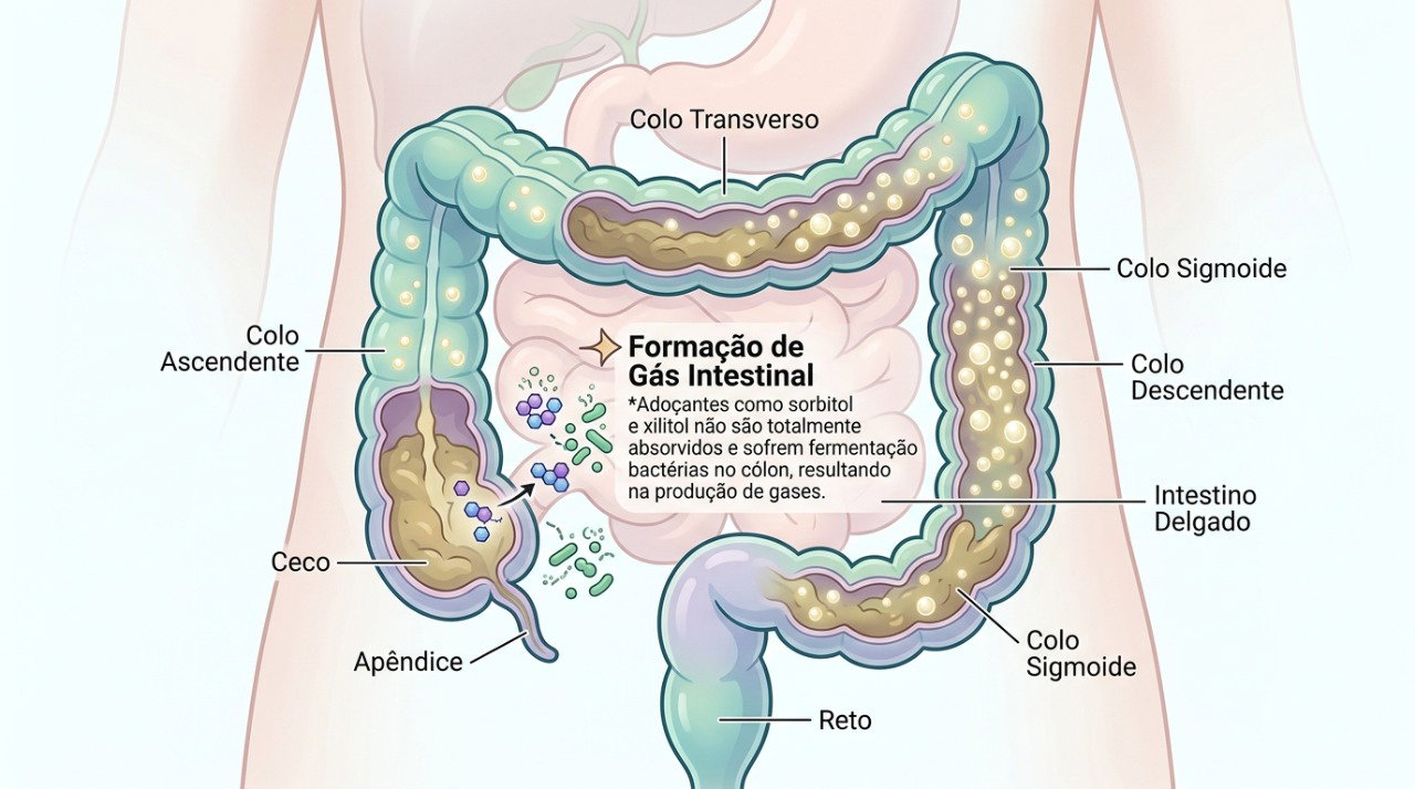 A fermentação de adoçantes como sorbitol e xilitol no intestino pode aumentar a produção de gases e causar desconforto abdominal.