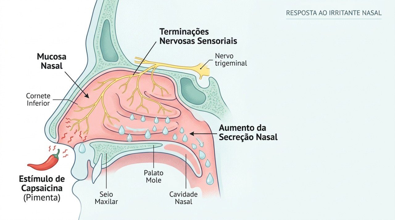 A capsaicina da pimenta estimula uma resposta nervosa que pode aumentar a secreção nasal e provocar coriza.