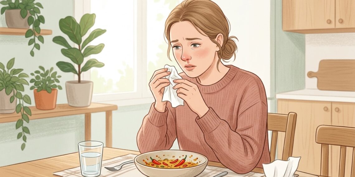 Nariz escorrendo após comer pimenta pode ser sinal de rinite gustativa, uma condição não alérgica.