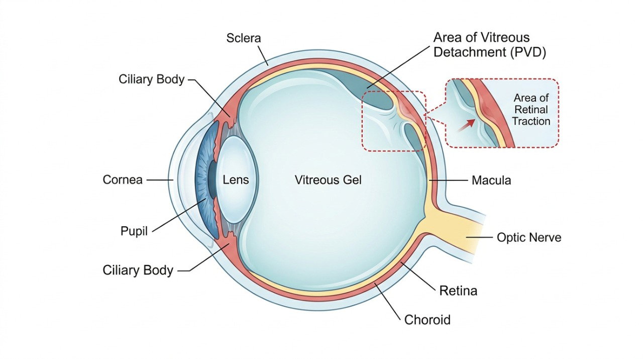 A separação do vítreo pode tracionar a retina e, em alguns casos, provocar uma ruptura.