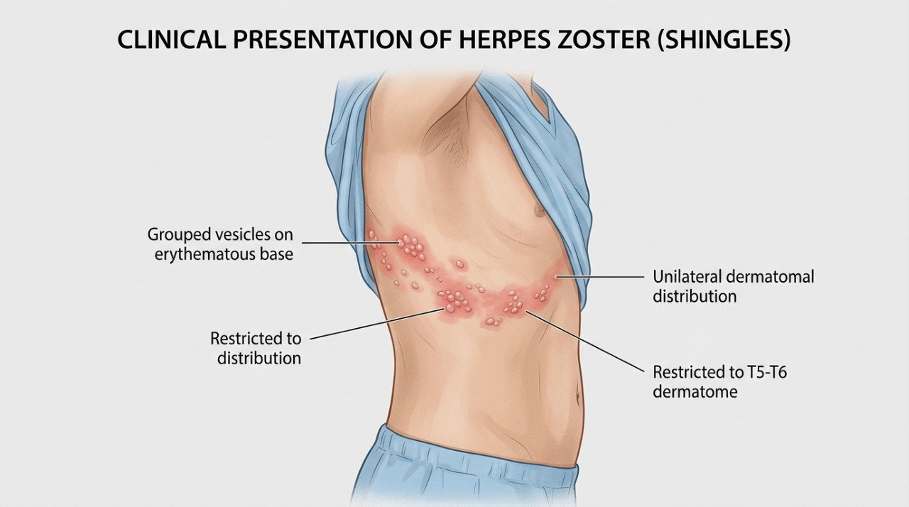 No herpes-zóster, as bolhas costumam aparecer agrupadas em uma faixa de um lado do corpo.