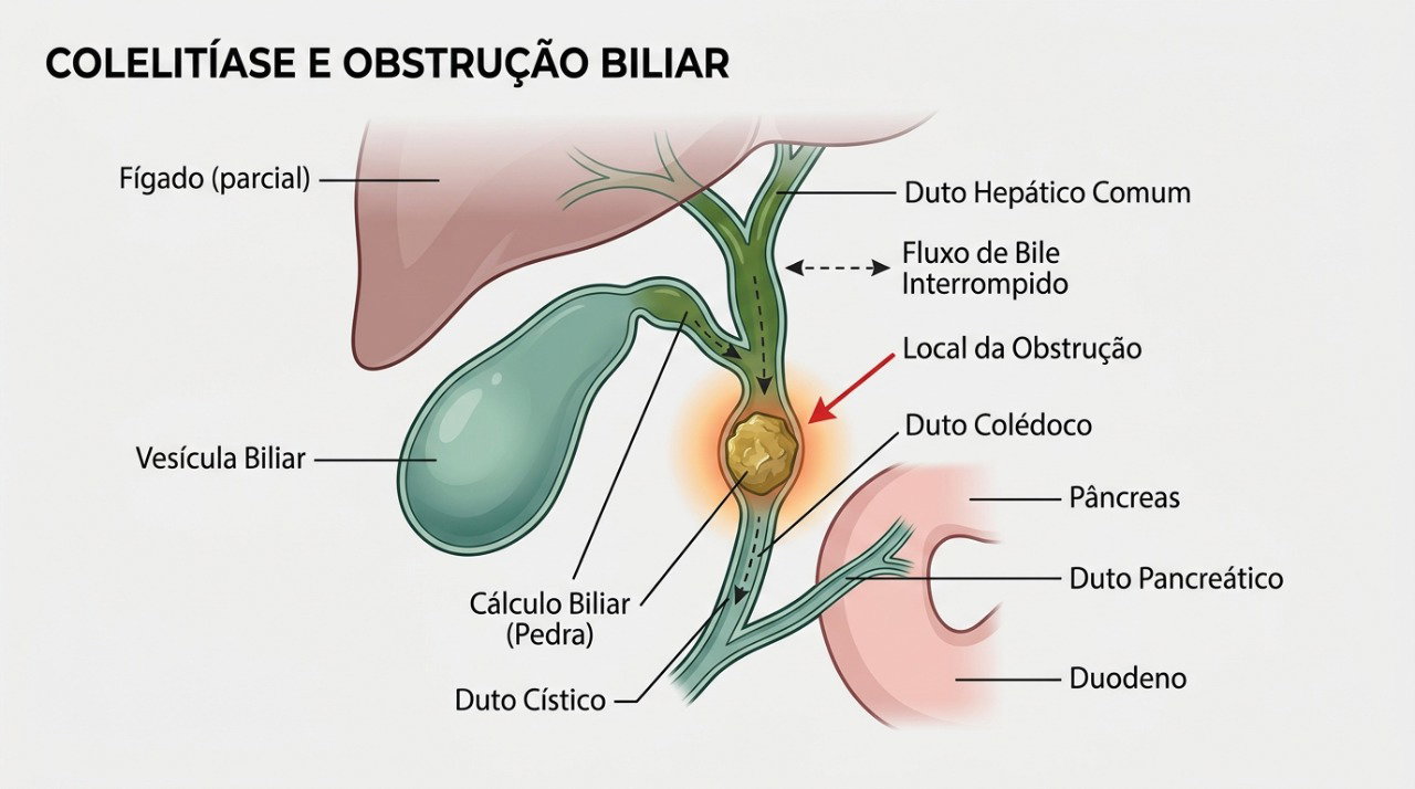 Um cálculo pode bloquear a saída da bile e provocar a dor característica da cólica biliar.