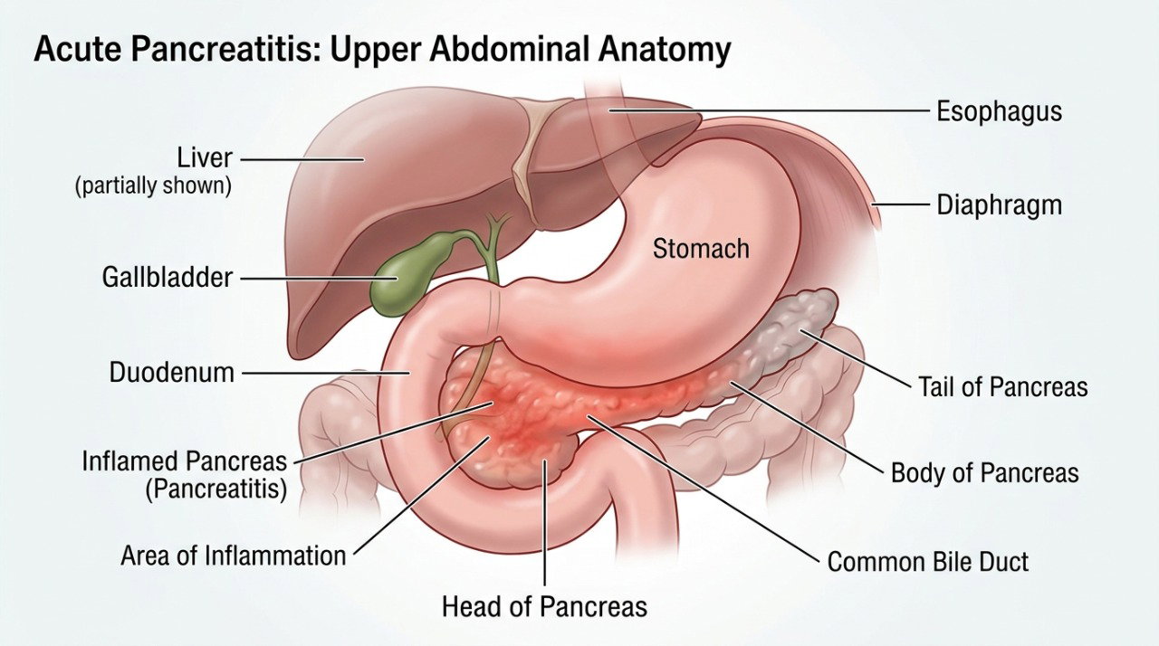 A pancreatite aguda causa inflamação do pâncreas e pode provocar dor abdominal intensa e persistente.