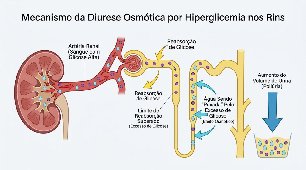 O excesso de glicose pode aumentar a eliminação de água pelos rins, favorecendo urina frequente e sede.