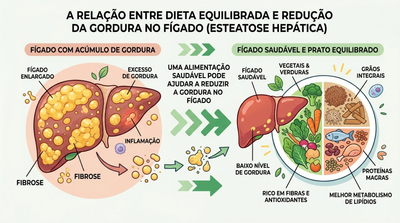Uma alimentação equilibrada e o controle do peso podem contribuir para reduzir a gordura acumulada no fígado.