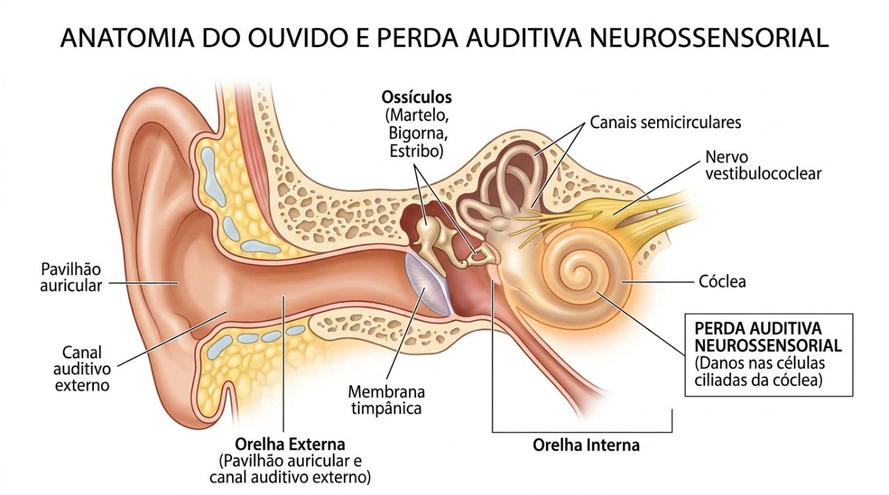 A perda auditiva neurossensorial súbita envolve estruturas do ouvido interno e precisa de avaliação rápida.