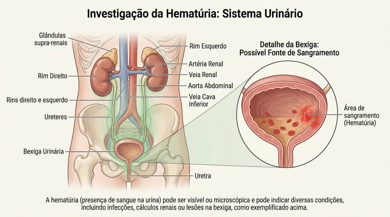 O sangue na urina pode ter origem em diferentes partes dos rins e do trato urinário.