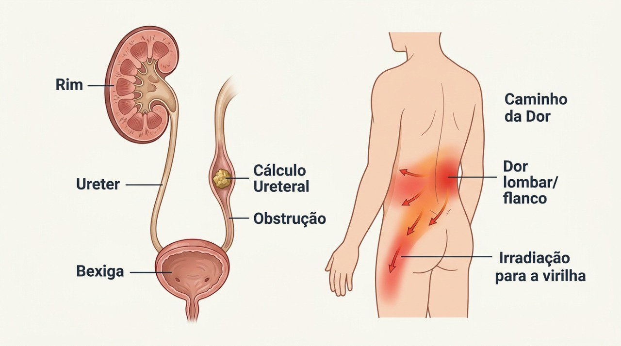 O cálculo pode sair do rim e percorrer o ureter, causando cólica renal e dor que se desloca em direção à virilha.
