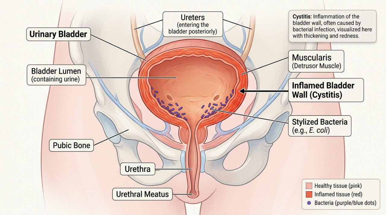 A cistite pode inflamar a bexiga e causar ardência, urgência e aumento da frequência urinária.