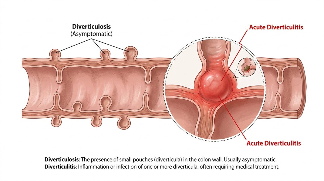 A diverticulite ocorre quando divertículos presentes na parede do intestino ficam inflamados.