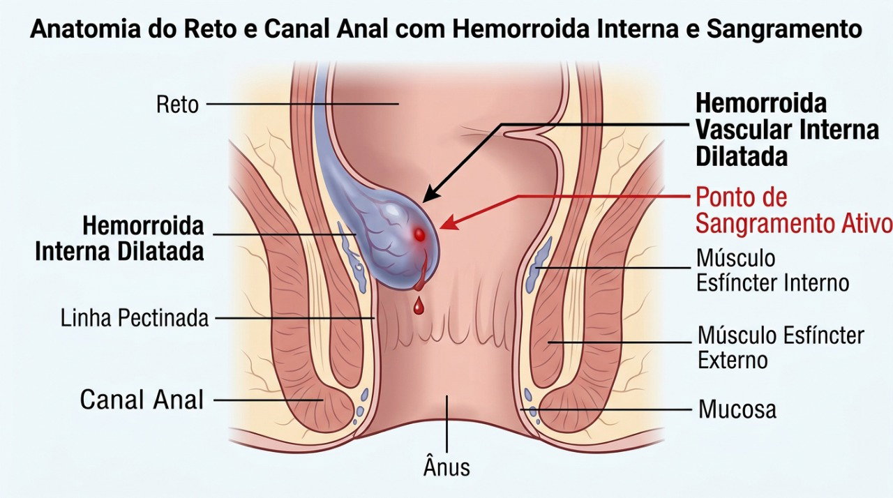 Hemorroidas internas podem provocar sangramento vermelho vivo durante ou após a evacuação.