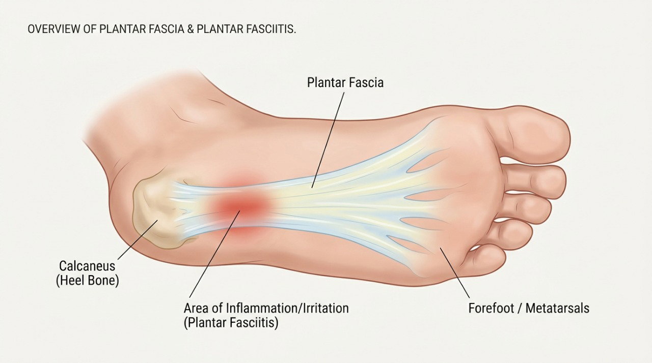 Na fascite plantar, a fáscia na sola do pé fica irritada e pode causar dor principalmente junto ao calcanhar.