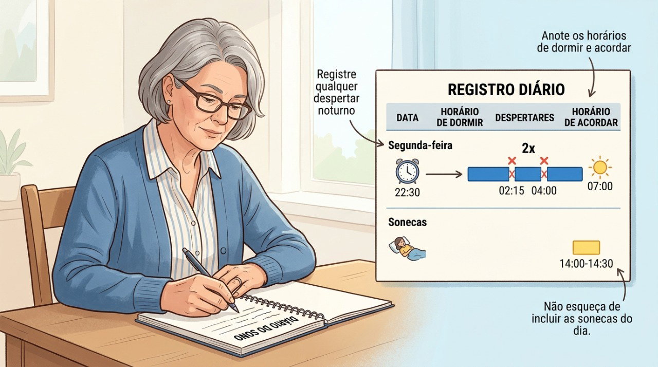 Registrar horários e despertares em um diário pode ajudar a identificar padrões que prejudicam o sono.