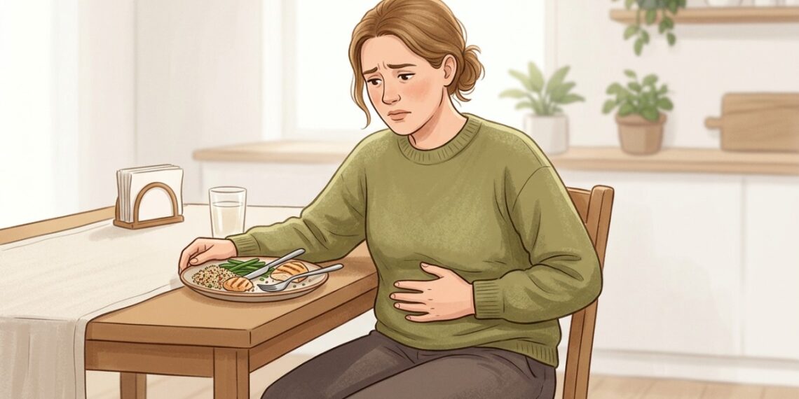 Sentir a barriga cheia após comer pouco, com estufamento e arrotos, pode estar relacionado à má digestão.