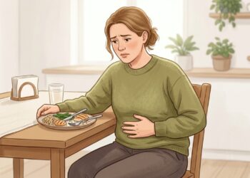 Sentir a barriga cheia após comer pouco, com estufamento e arrotos, pode estar relacionado à má digestão.