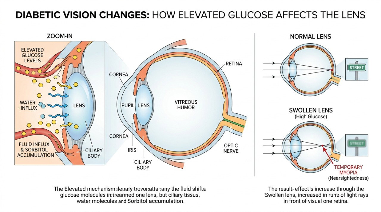 Alterações importantes da glicose podem modificar temporariamente o foco dos olhos e deixar a visão embaçada.