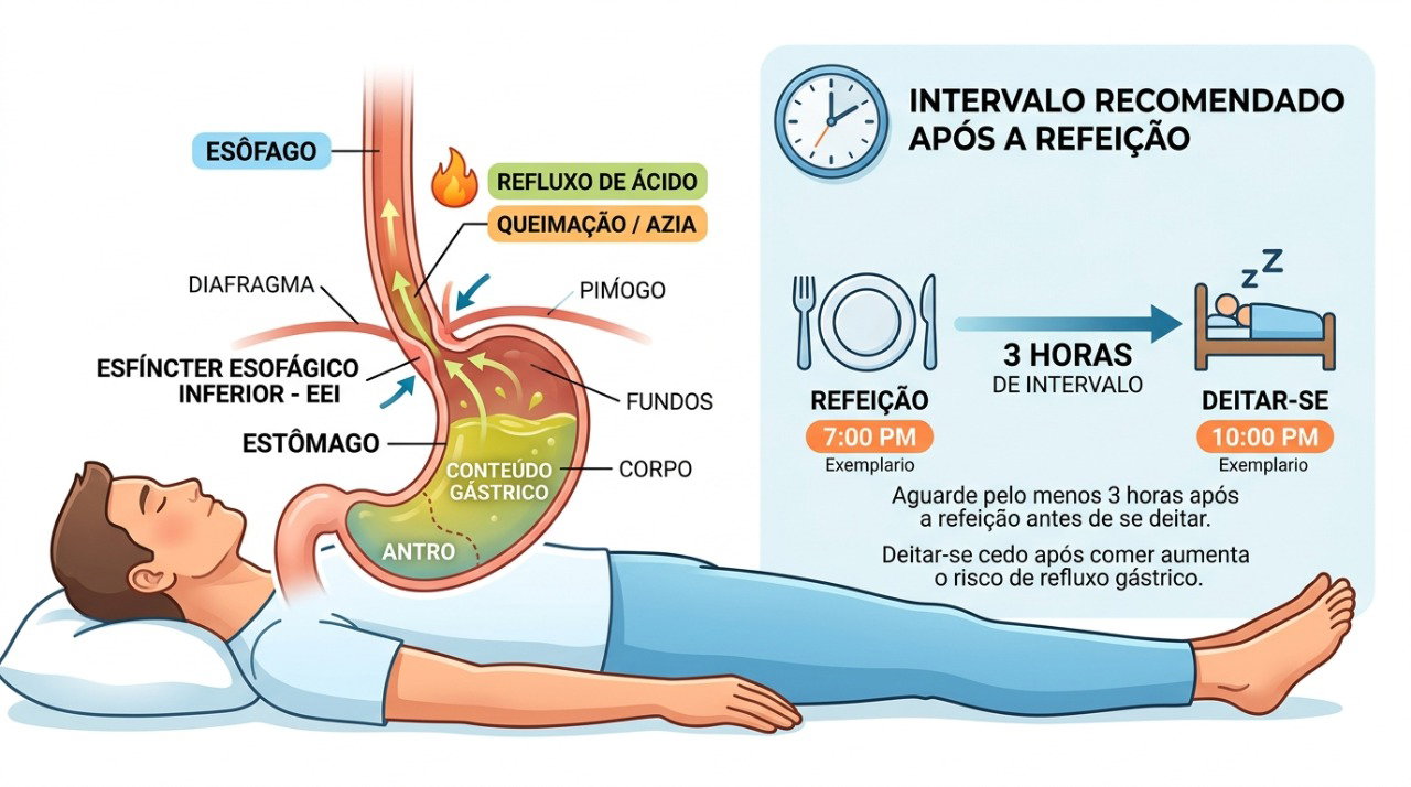 Esperar cerca de três horas entre o jantar e a hora de dormir pode ajudar a reduzir o refluxo noturno.